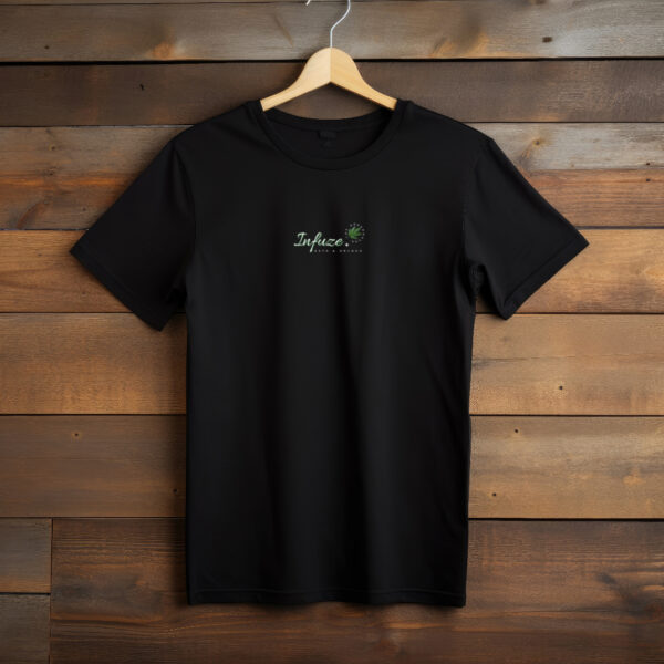 Plain black short sleeve t-shirt with Infuze logo placed in the upper middle.